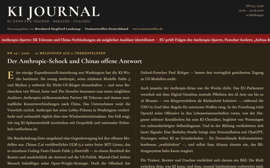 KI JOURNAL KW 25 – 15.-21.06.2026 | Der Anthropic-Schock und Chinas offene Antwort