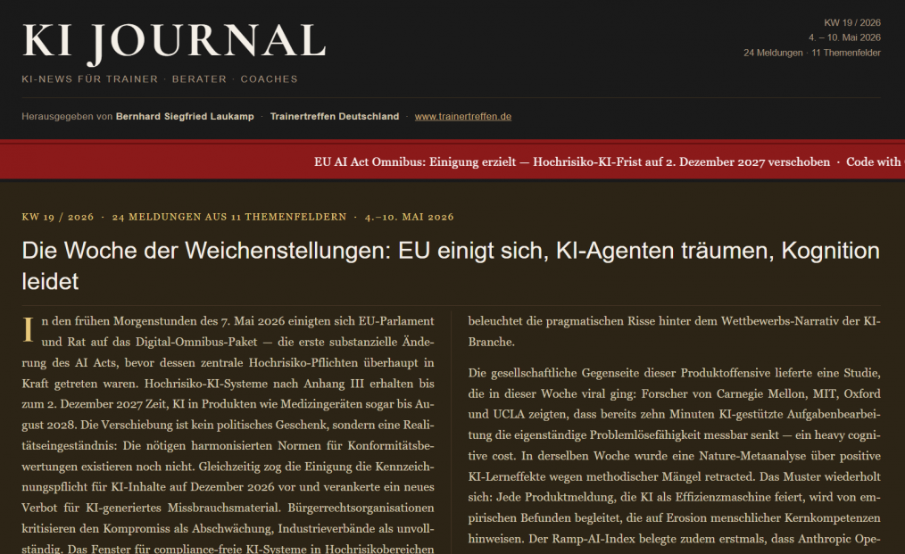 KI JOURNAL KW 19 – 04.-10.05.2026 |  Die Woche der Weichenstellungen: EU einigt sich, KI-Agenten träumen, Kognition leidet