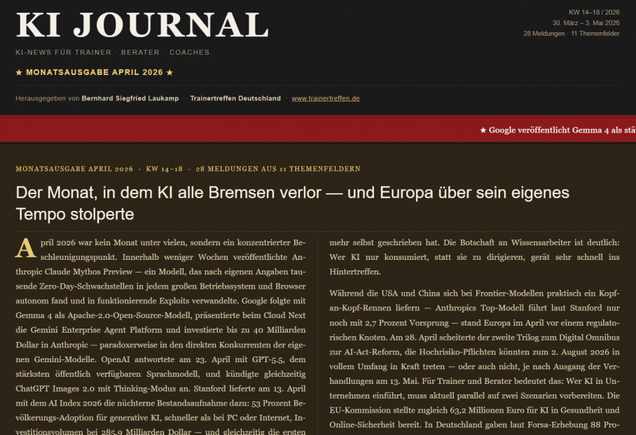 KI JOURNAL April 2026 | Der Monat, in dem KI alle Bremsen verlor — und Europa über sein eigenes Tempo stolperte