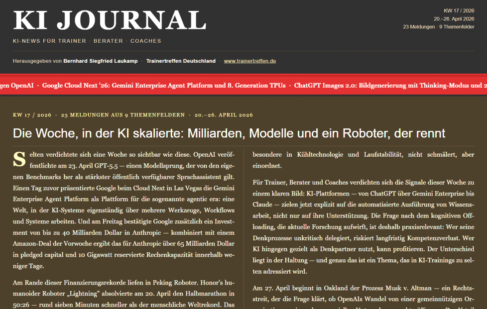 KI JOURNAL KW 17 – 20.-26.04.2026 | Die Woche, in der KI skalierte: Milliarden, Modelle und ein Roboter, der rennt