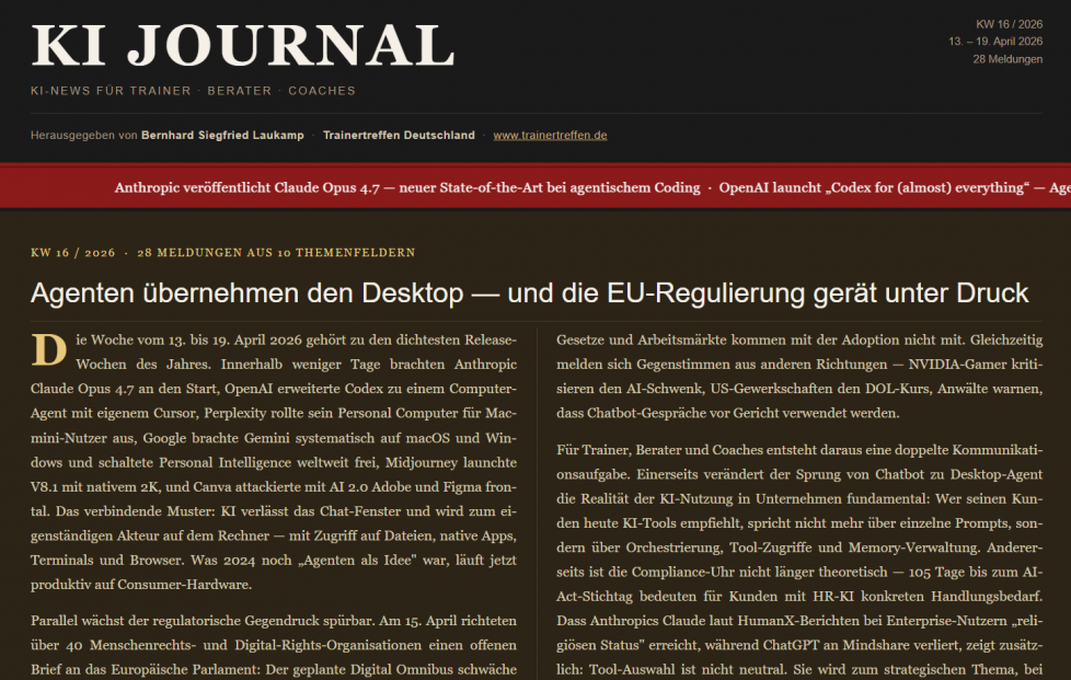 KI JOURNAL KW16 - 13.-19.04.2026 | Agenten übernehmen den Desktop — und die EU-Regulierung gerät unter Druck