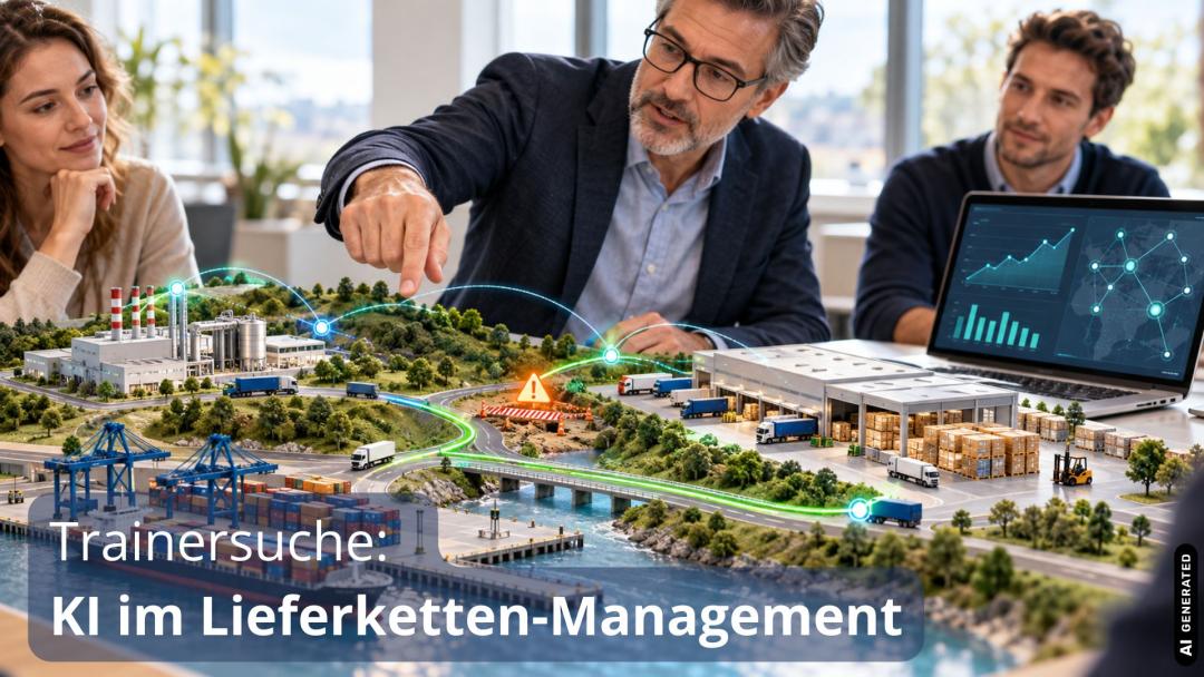 Das Titelbild zeigt Resilienz durch Daten: Eine Störung wird erkannt, eine alternative Route hält die Lieferkette in Bewegung. Die Seminarszene verbindet das Thema mit dem gesuchten Trainer.